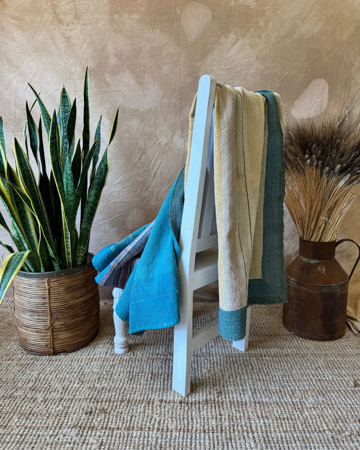 Vintage Hand-Embroidered Kantha Throw – Forest Green & Teal Striped Sari