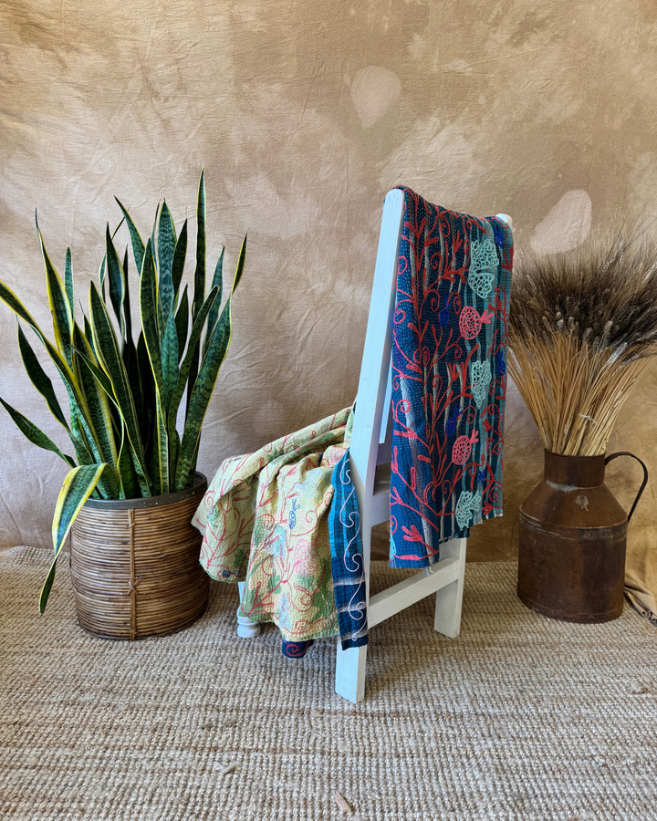 Vintage Hand-Embroidered Kantha Throw – Midnight Blue Sari with Red & Aqua Florals