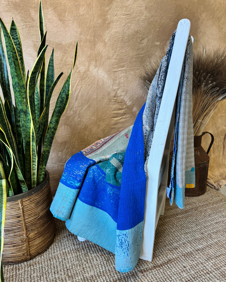 Vintage Hand-Embroidered Kantha Throw – Blue & Teal Patchwork with Striped Sari Panels