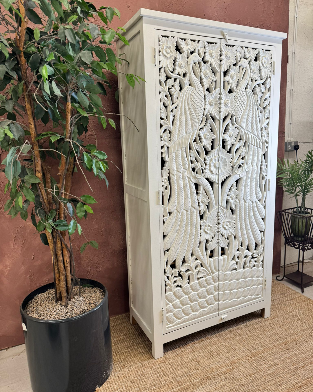 Peacock Hand-Carved Whitewashed Mango Wood Armoire / Cabinet