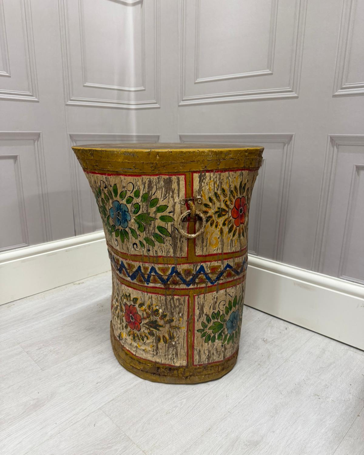 Authentic Vintage Hand-Painted Mango Wood Stool / Side Table – Floral Distressed Finish