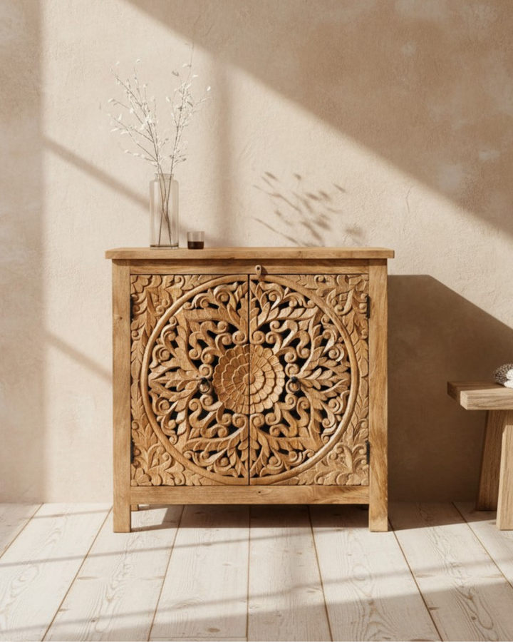 Hand-Carved Mango Wood Sideboard – Natural Finish with Floral Mandala Detailing