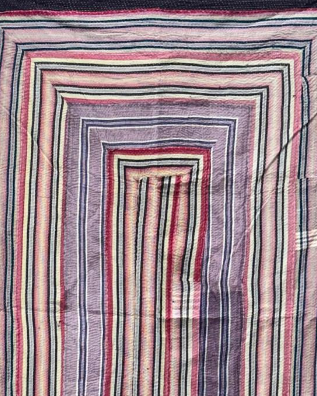 Vintage Hand-Embroidered Kantha Throw – Multicoloured Striped Sari with Ochre Backing