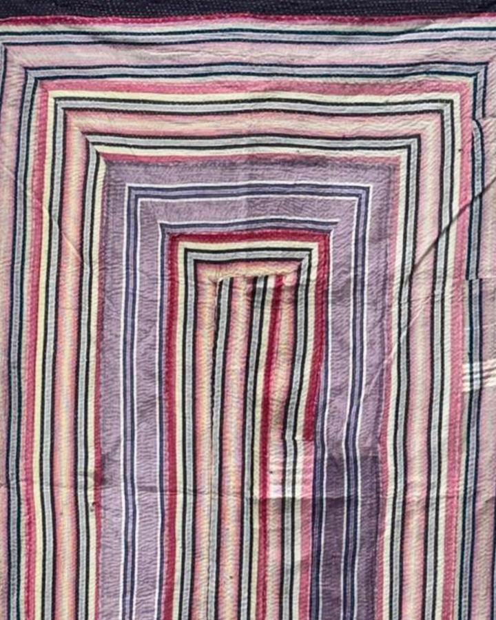 Vintage Hand-Embroidered Kantha Throw – Multicoloured Striped Sari with Ochre Backing