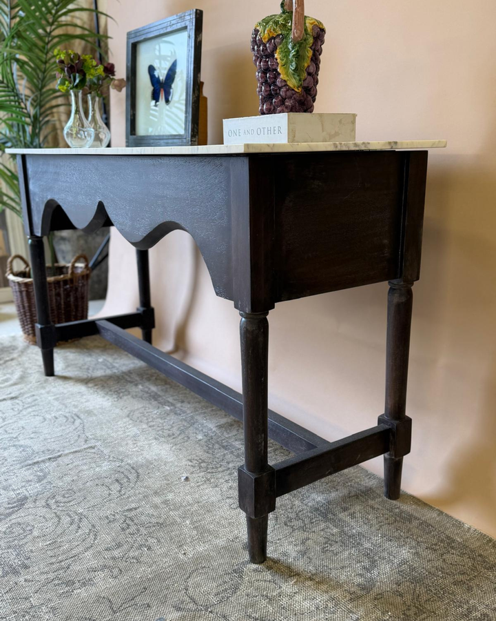 Dark Washed Mango Wood Console Table with White Marble Top