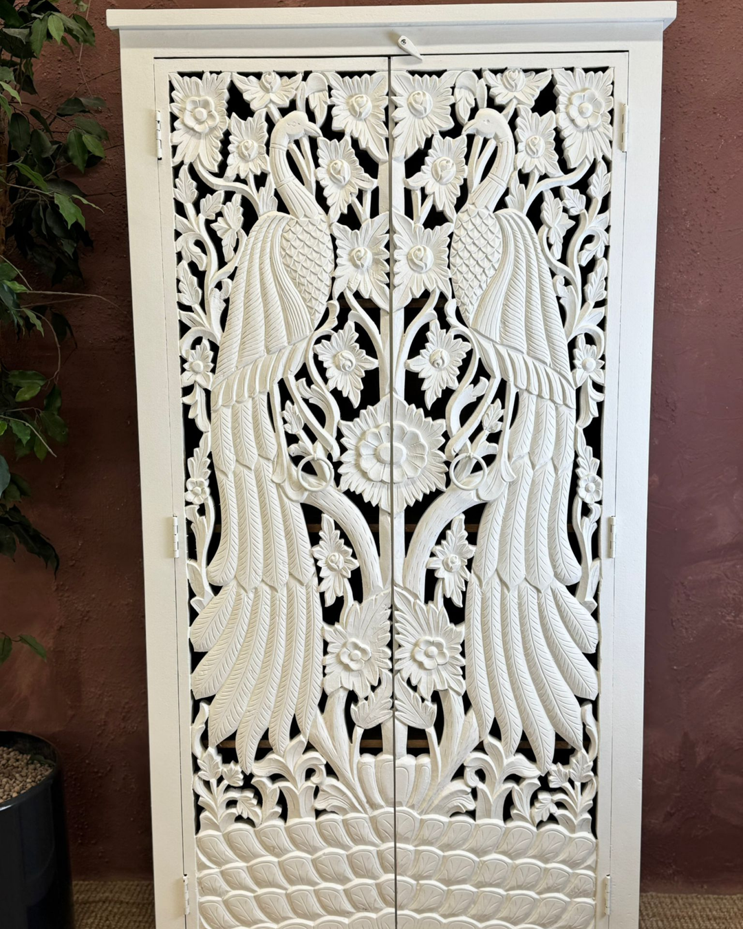 Peacock Hand-Carved Whitewashed Mango Wood Armoire / Cabinet