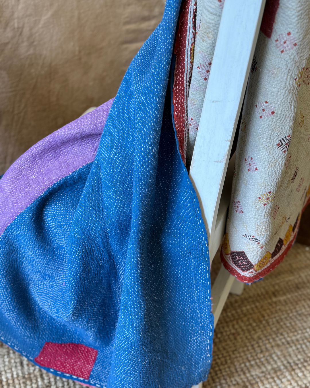 Vintage Hand-Embroidered Kantha Throw – Embroidered Sari in Cream with Indigo & Ochre Accents