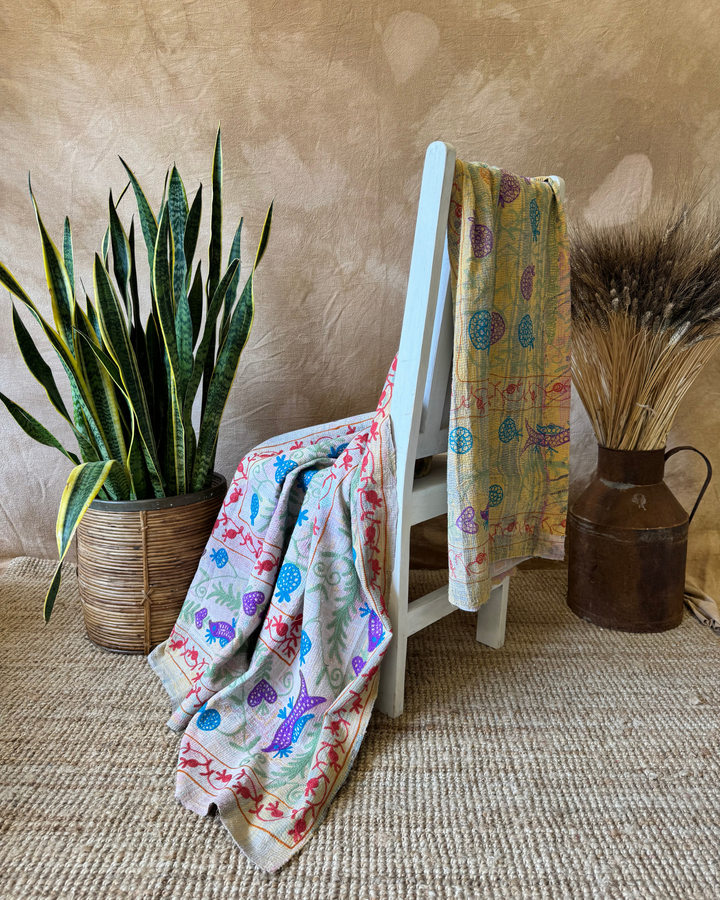 Vintage Hand-Embroidered Kantha Throw – Soft Pastel Sari with Botanical Stitchwork