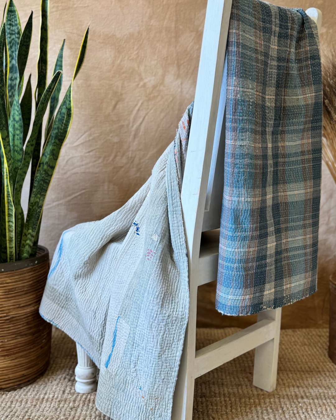 Vintage Hand-Embroidered Kantha Throw – Soft Grey & Slate Sari Patchwork