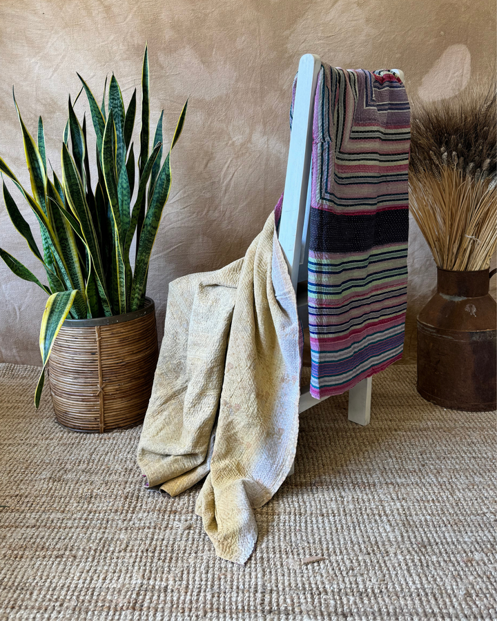 Vintage Hand-Embroidered Kantha Throw – Multicoloured Striped Sari with Ochre Backing