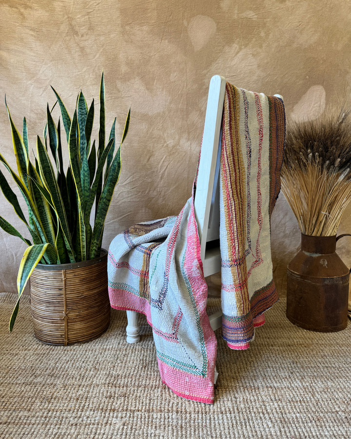 Vintage Hand-Embroidered Kantha Throw – Red & Natural Sari Patchwork