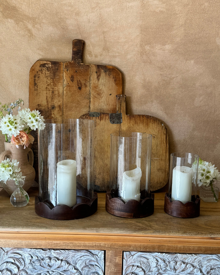 Set of 3 Hurricane Candle Holders – Handcrafted Mango Wood Bases
