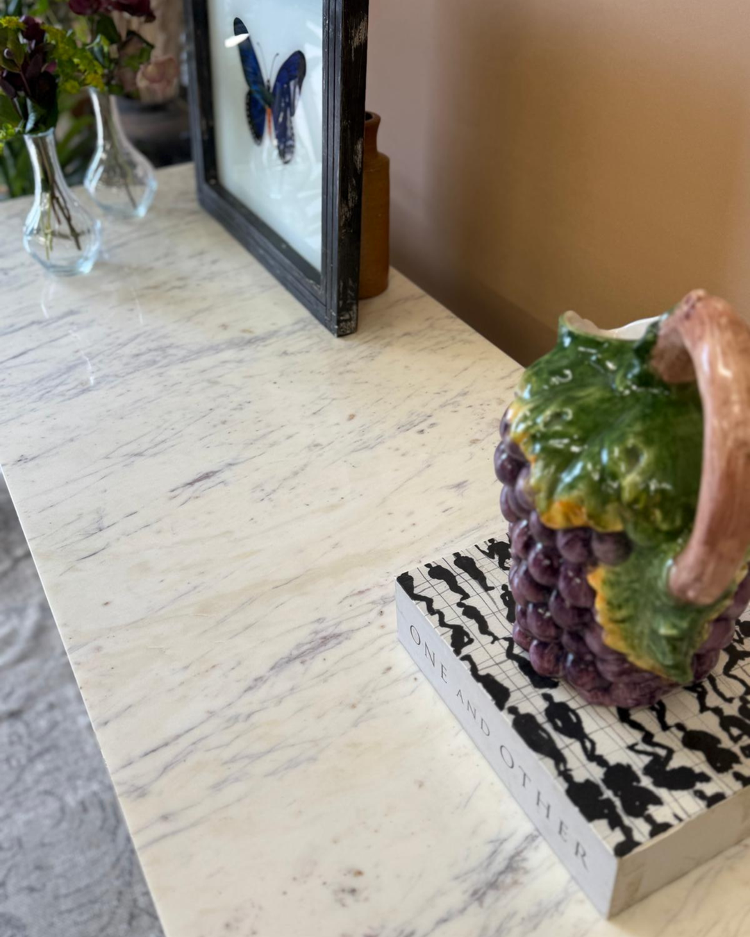 Dark Washed Mango Wood Console Table with White Marble Top