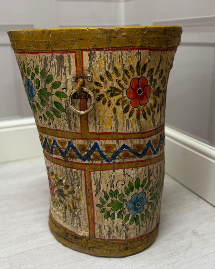 Authentic Vintage Hand-Painted Mango Wood Stool / Side Table – Floral Distressed Finish