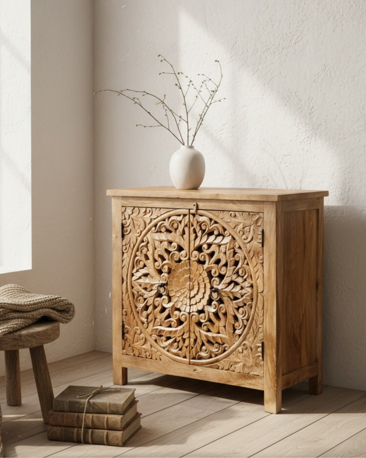 Hand-Carved Mango Wood Sideboard – Natural Finish with Floral Mandala Detailing