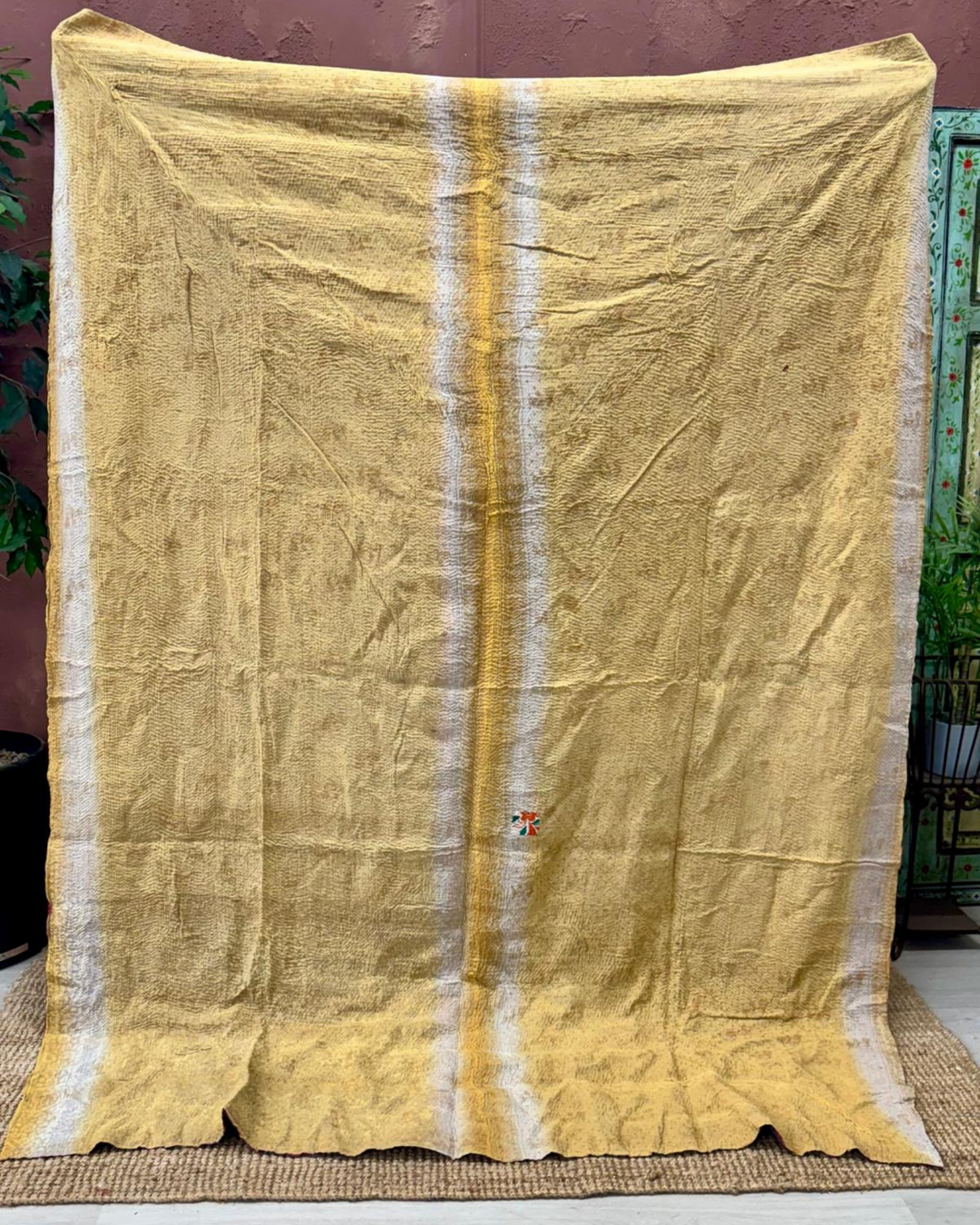 Vintage Hand-Embroidered Kantha Throw – Multicoloured Striped Sari with Ochre Backing
