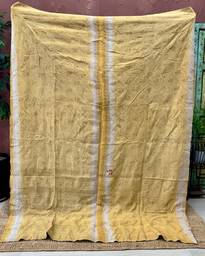 Vintage Hand-Embroidered Kantha Throw – Multicoloured Striped Sari with Ochre Backing