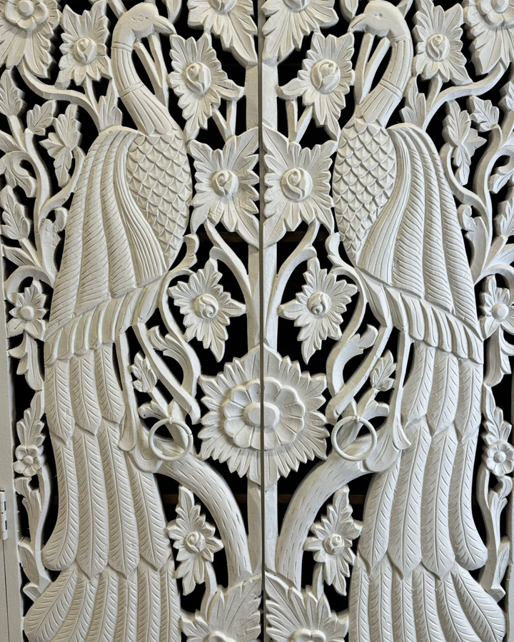 Peacock Hand-Carved Whitewashed Mango Wood Armoire / Cabinet