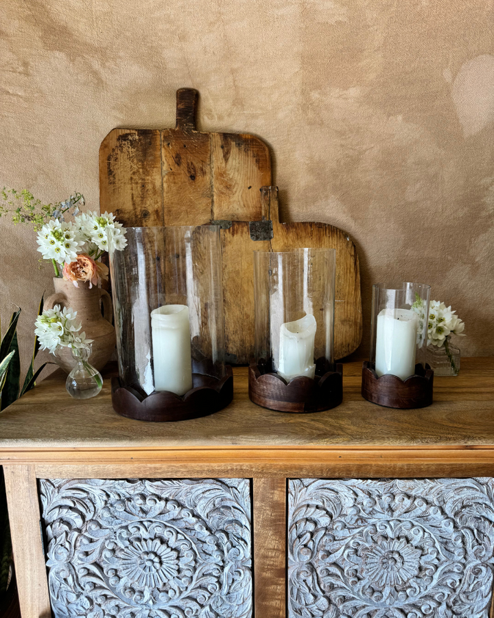 Set of 3 Hurricane Candle Holders – Handcrafted Mango Wood Bases