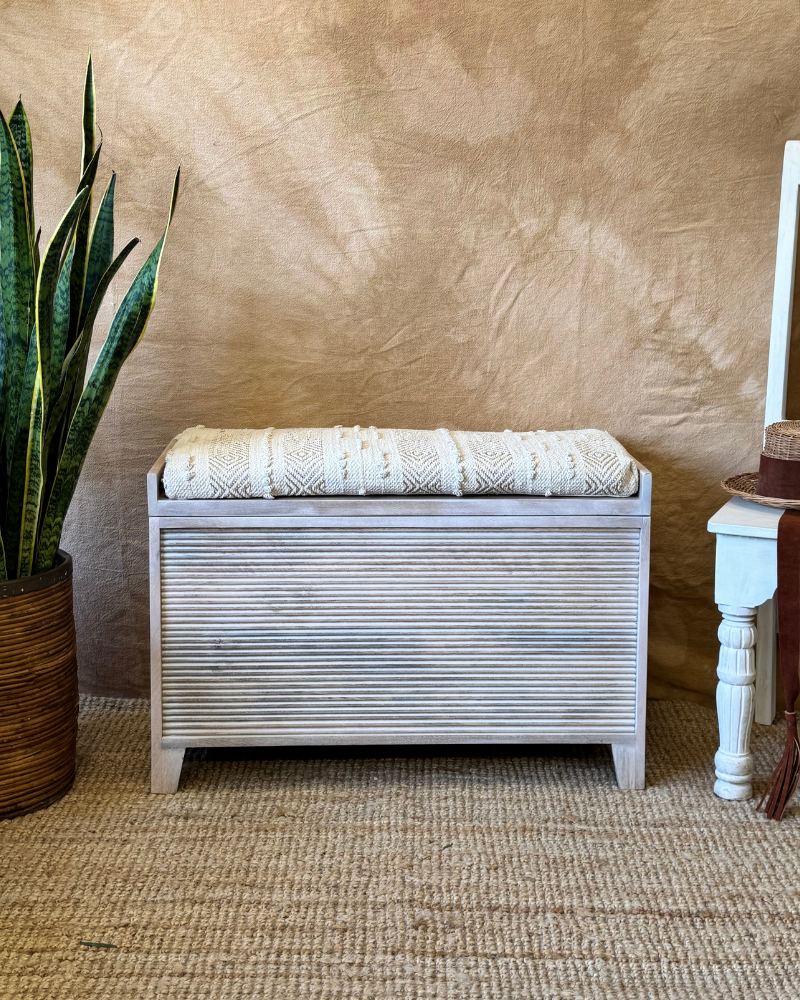 Mango Wood & Handwoven Geometric Cotton Ottoman Storage Bench – Two Sizes