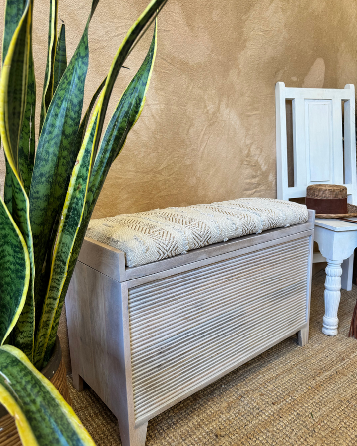 Mango Wood & Handwoven Geometric Cotton Ottoman Storage Bench – Two Sizes