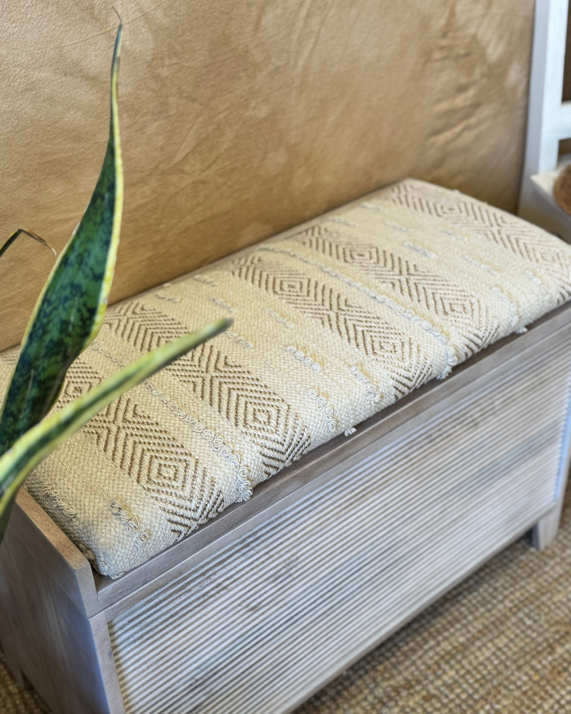 Mango Wood & Handwoven Geometric Cotton Ottoman Storage Bench – Two Sizes