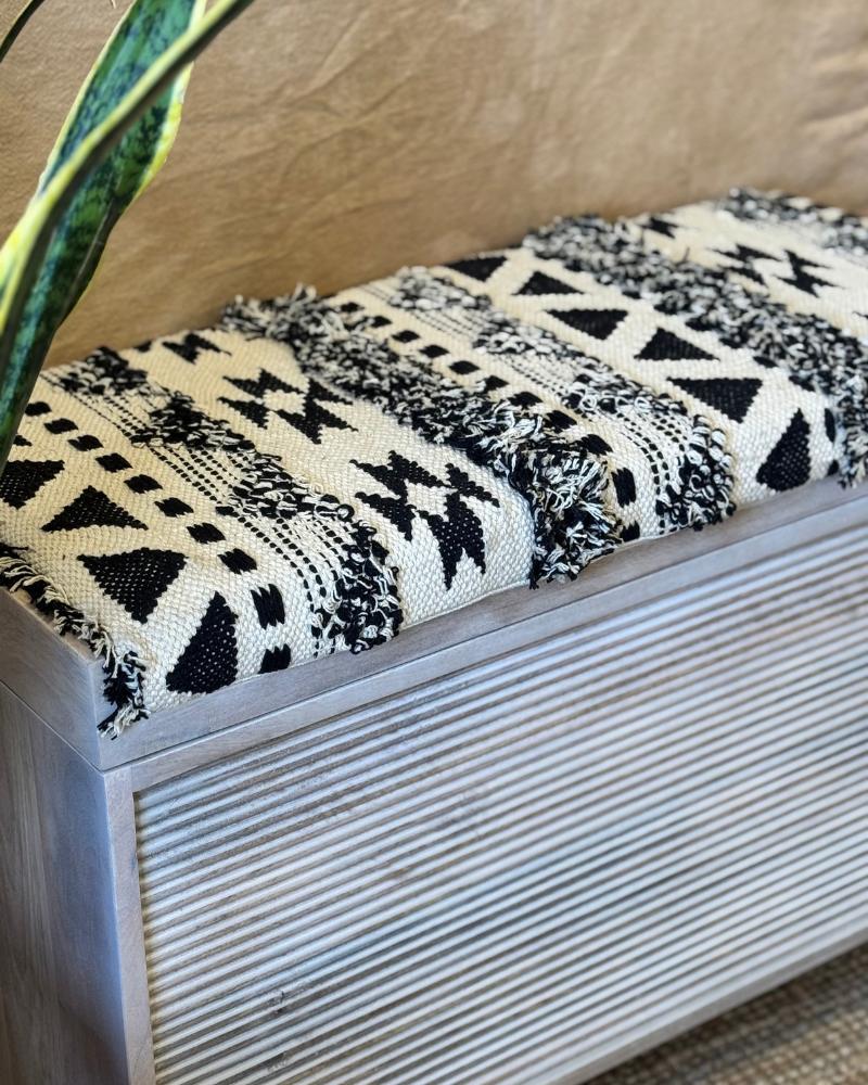 Mango Wood & Woven Cotton Ottoman Storage Bench – Two Sizes