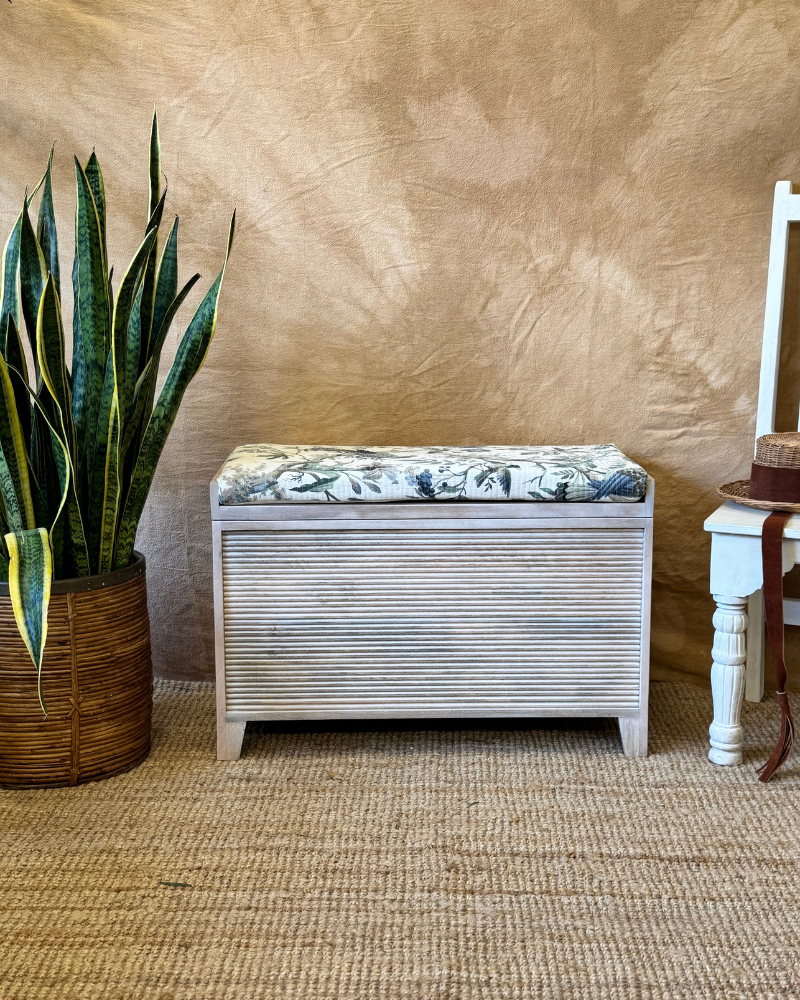 Mango Wood & Floral Cotton Ottoman Storage Bench – Two Sizes