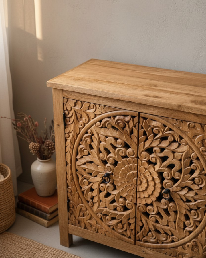Hand-Carved Mango Wood Sideboard – Natural Finish with Floral Mandala Detailing