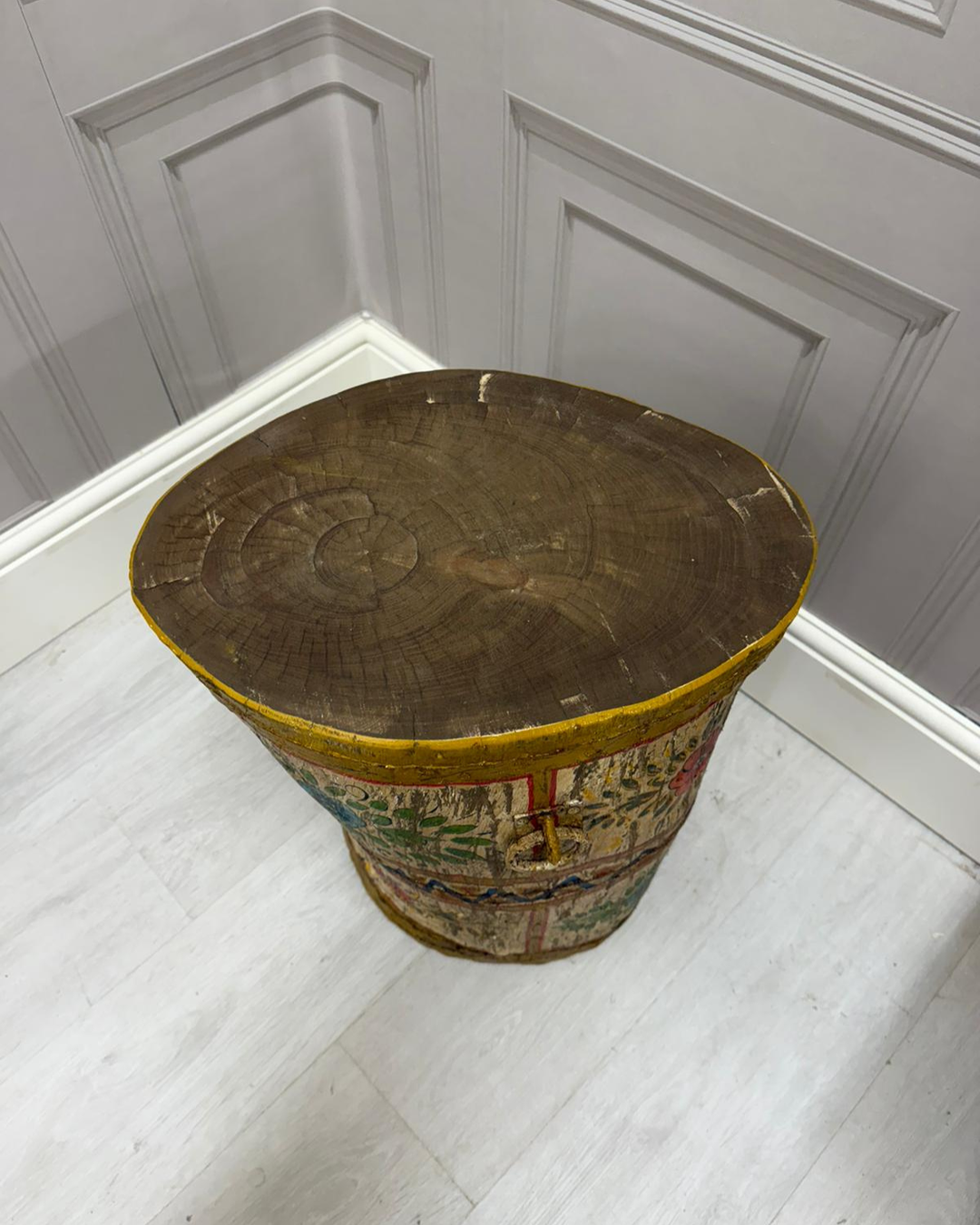 Authentic Vintage Hand-Painted Mango Wood Stool / Side Table – Floral Distressed Finish