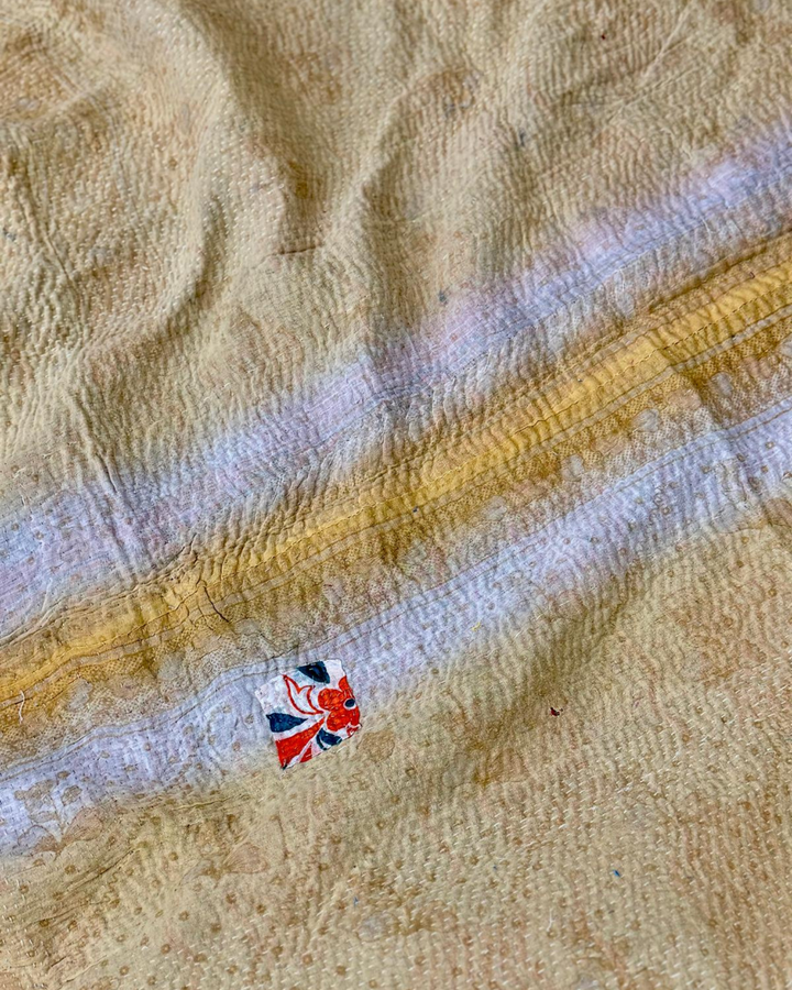 Vintage Hand-Embroidered Kantha Throw – Multicoloured Striped Sari with Ochre Backing
