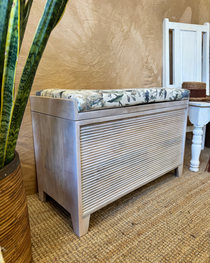 Mango Wood & Floral Cotton Ottoman Storage Bench – Two Sizes