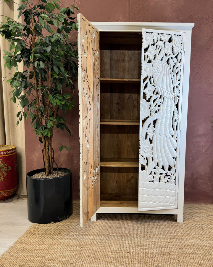 Peacock Hand-Carved Whitewashed Mango Wood Armoire / Cabinet