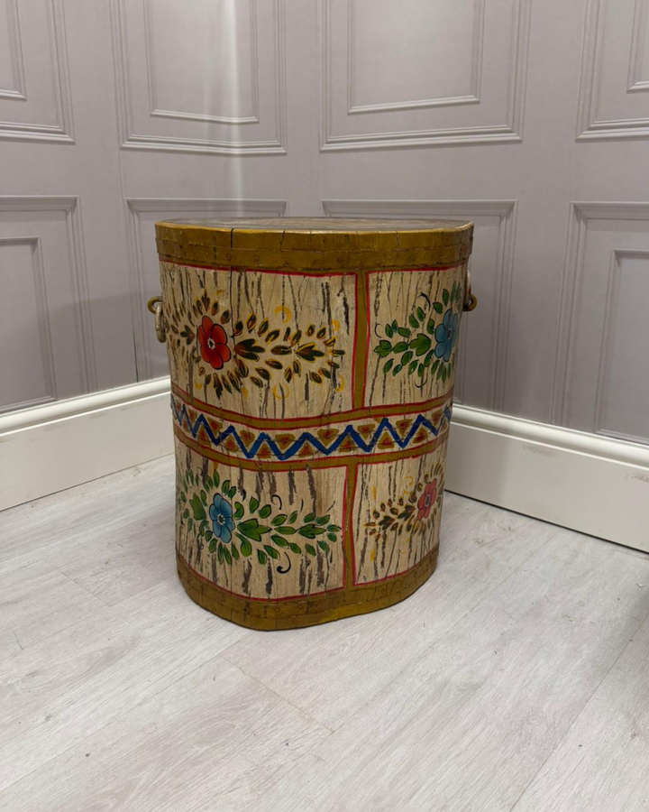 Authentic Vintage Hand-Painted Mango Wood Stool / Side Table – Distressed Finish