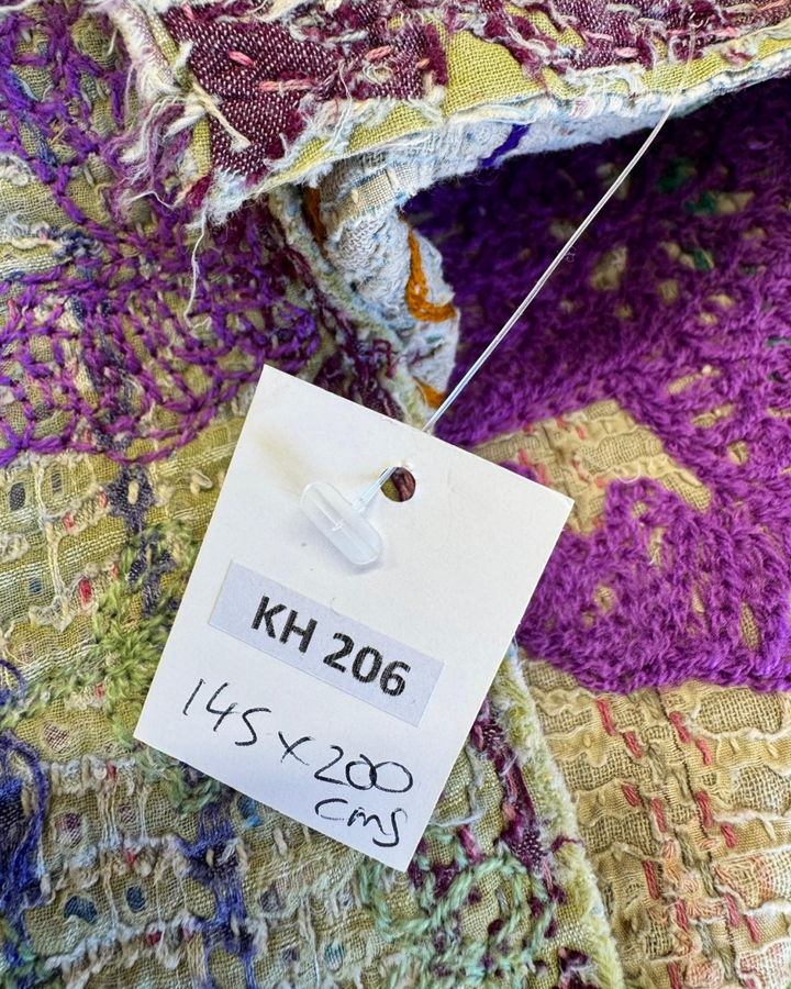 Vintage Hand-Embroidered Kantha Throw – Botanical Stripe Sari in Lilac, Green & Plum