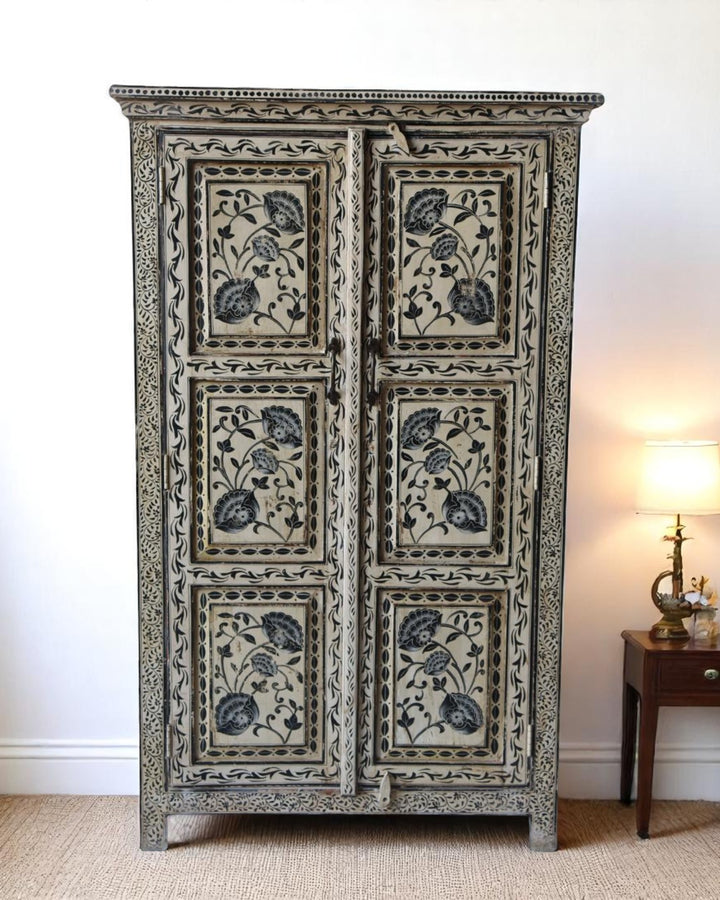 Hand-Painted Mango Wood Armoire – Black Floral Panels on Distressed Ivory Finish