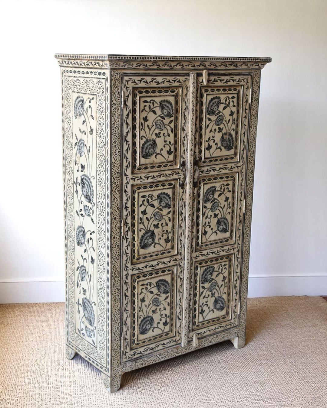 Hand-Painted Mango Wood Armoire – Black Floral Panels on Distressed Ivory Finish