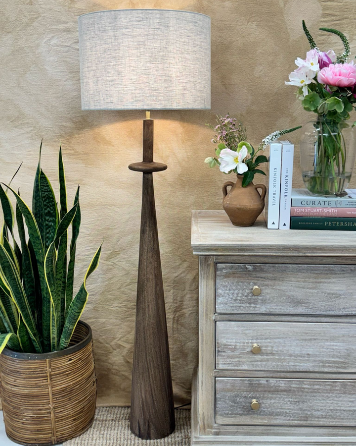 Mango Wood Floor Lamp – Tall Slender Design with Linen Shade