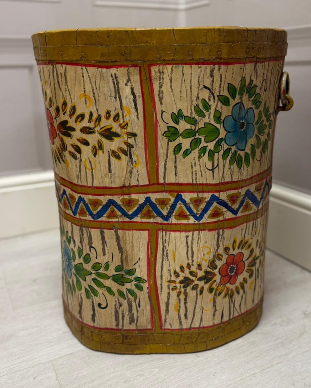 Authentic Vintage Hand-Painted Mango Wood Stool / Side Table – Distressed Finish