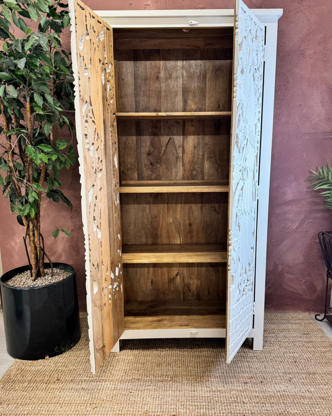 Peacock Hand-Carved Whitewashed Mango Wood Armoire / Cabinet