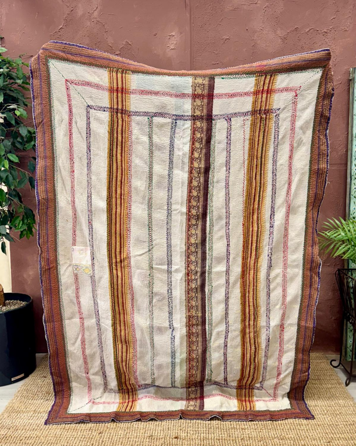 Vintage Hand-Embroidered Kantha Throw – Botanical Stripe Sari in Lilac, Green & Plum