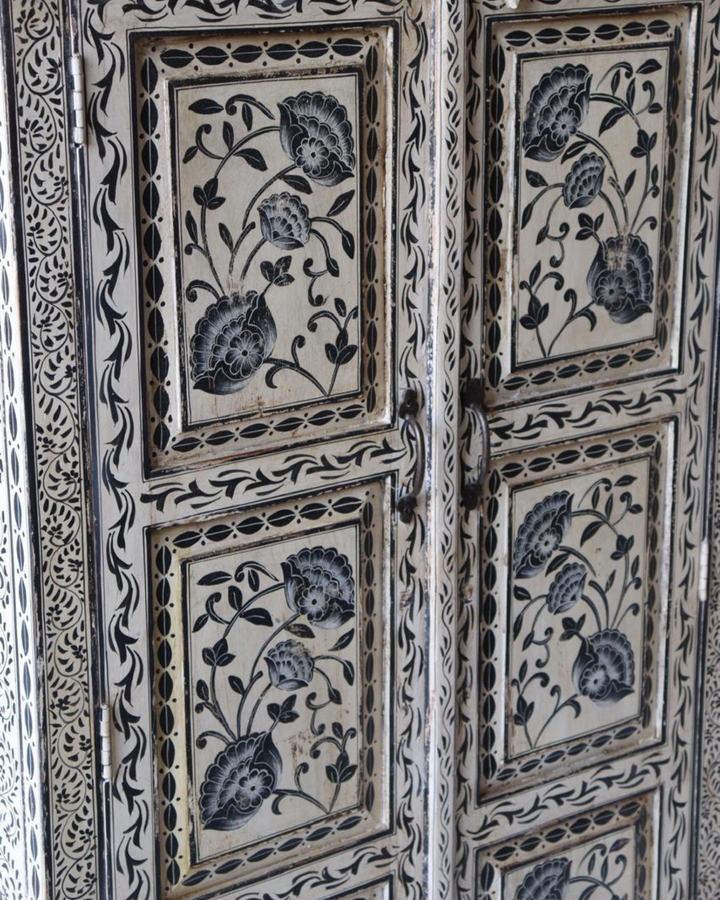 Hand-Painted Mango Wood Armoire – Black Floral Panels on Distressed Ivory Finish