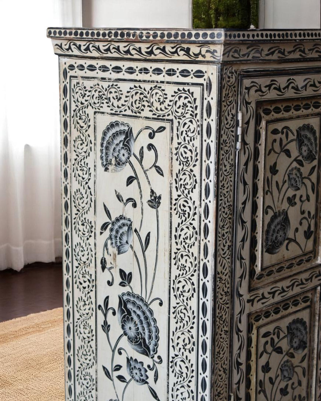 Hand-Painted Mango Wood Armoire – Black Floral Panels on Distressed Ivory Finish