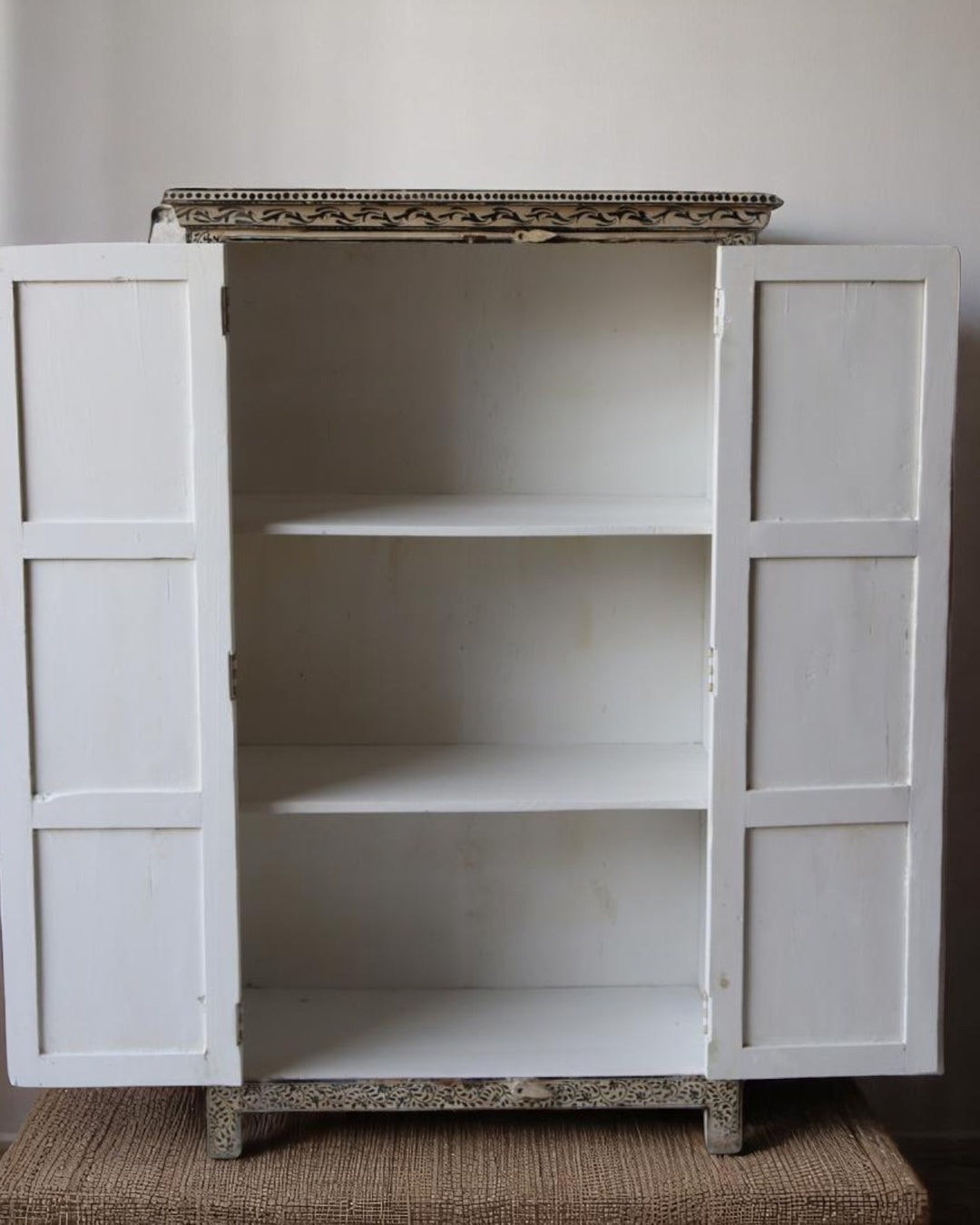 Hand-Painted Mango Wood Armoire – Black Floral Panels on Distressed Ivory Finish