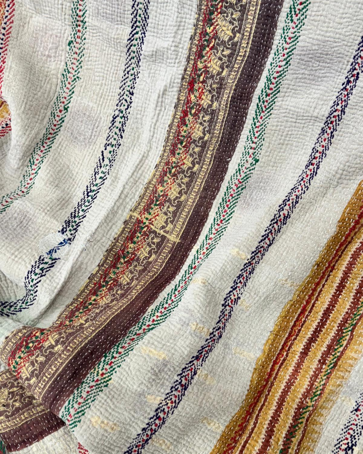 Vintage Hand-Embroidered Kantha Throw – Botanical Stripe Sari in Lilac, Green & Plum