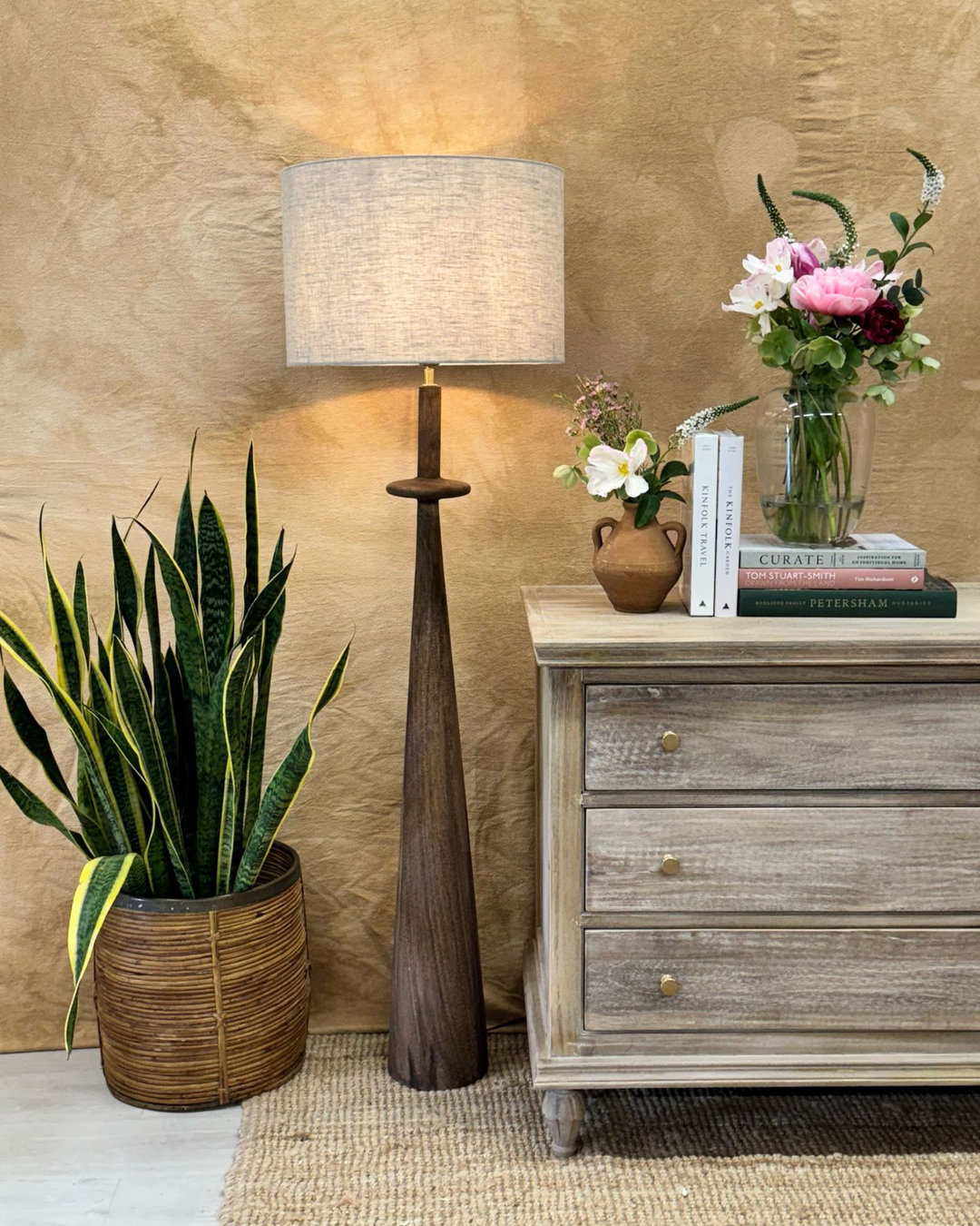 Mango Wood Floor Lamp – Tall Slender Design with Linen Shade