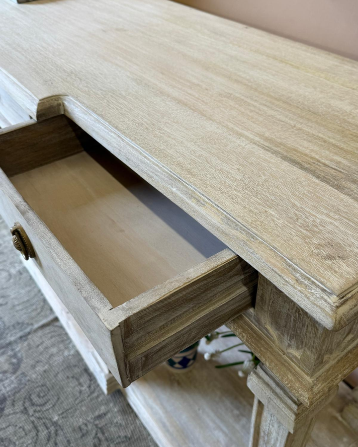 Whitewashed Mango Wood Imperial Console Table with Drawers and Shelf