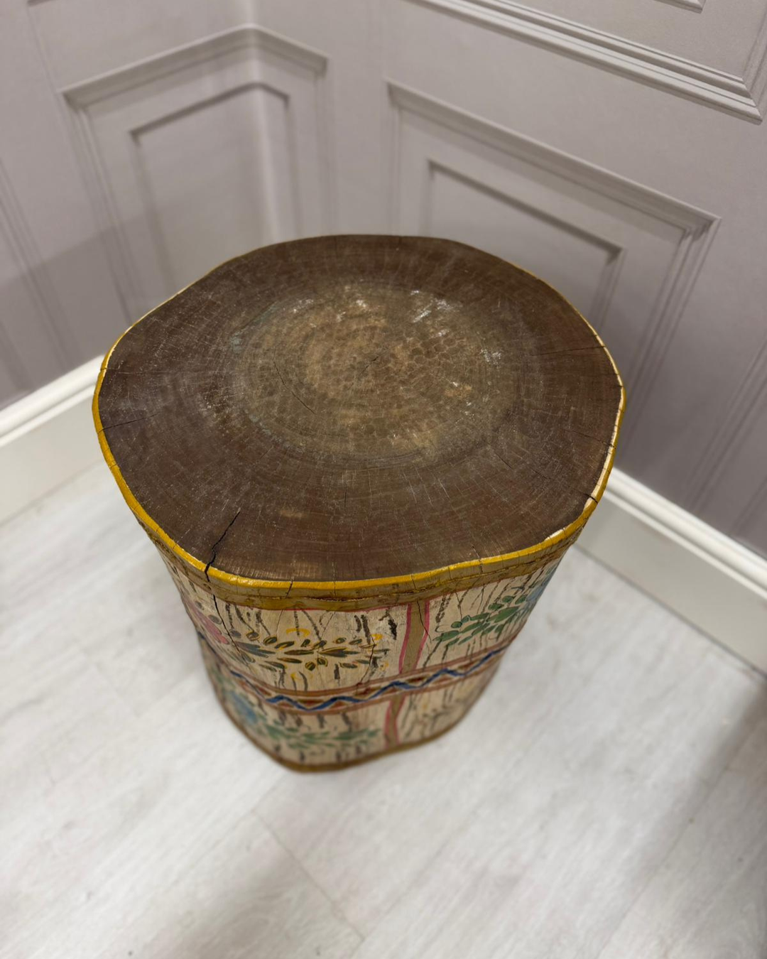 Authentic Vintage Hand-Painted Mango Wood Stool / Side Table – Distressed Finish