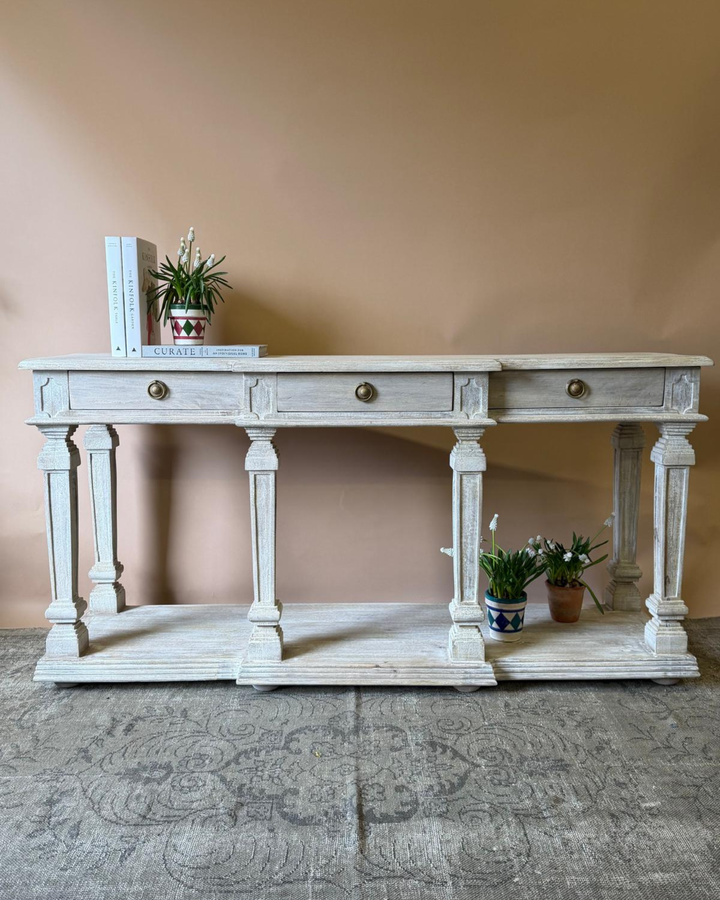 Whitewashed Mango Wood Imperial Console Table with Drawers and Shelf
