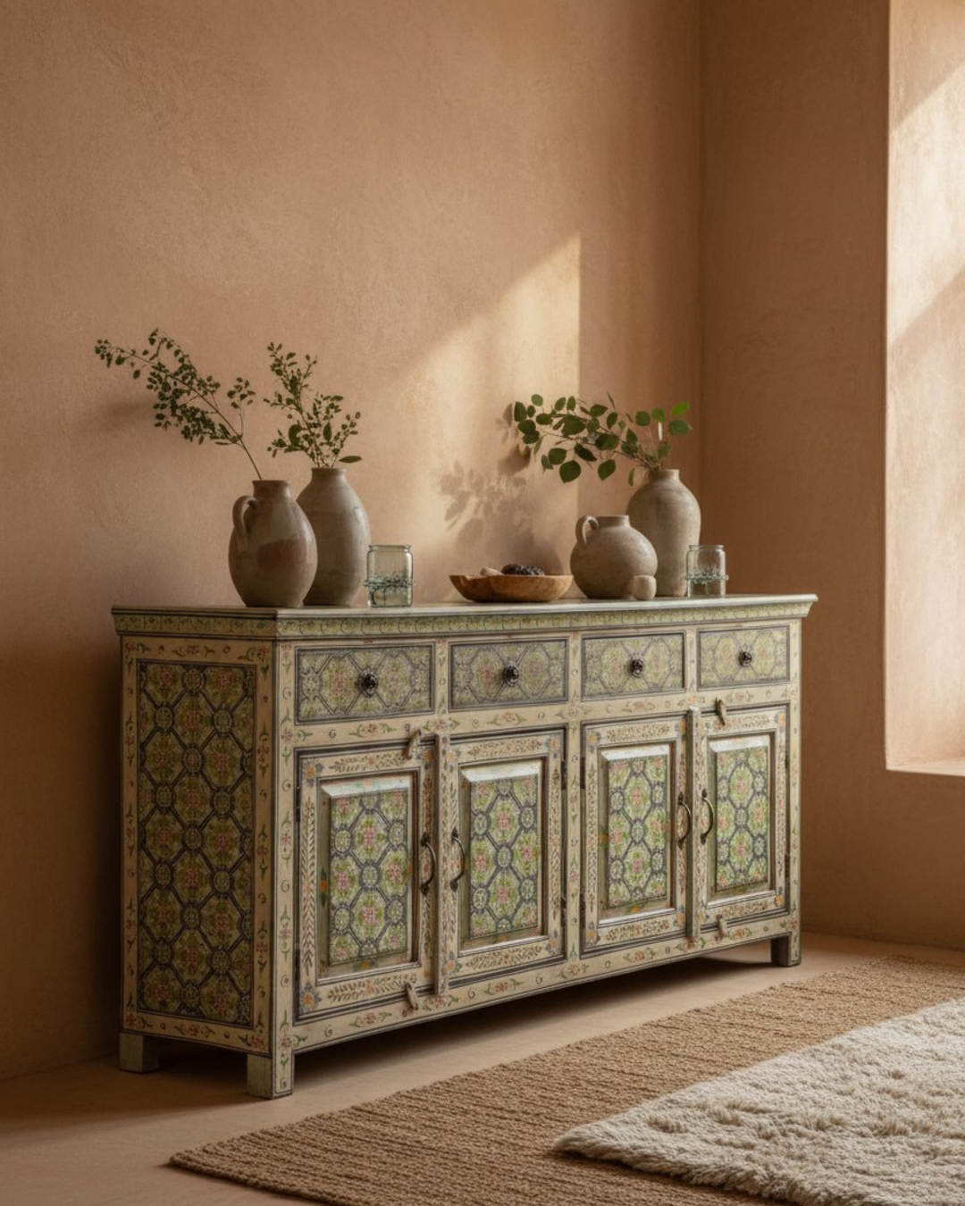 Hand-Painted Mango Wood Sideboard – 4 Doors & 4 Drawers, Floral Design (180cm)